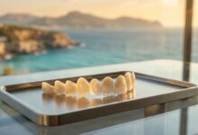 A close-up, photorealistic image of several perfect white porcelain veneers on a modern tray. The background is a soft-focus, sunlit view of the beautiful Turkish coast, symbolizing dental tourism for a smile makeover.