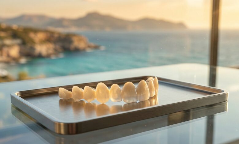 A close-up, photorealistic image of several perfect white porcelain veneers on a modern tray. The background is a soft-focus, sunlit view of the beautiful Turkish coast, symbolizing dental tourism for a smile makeover.