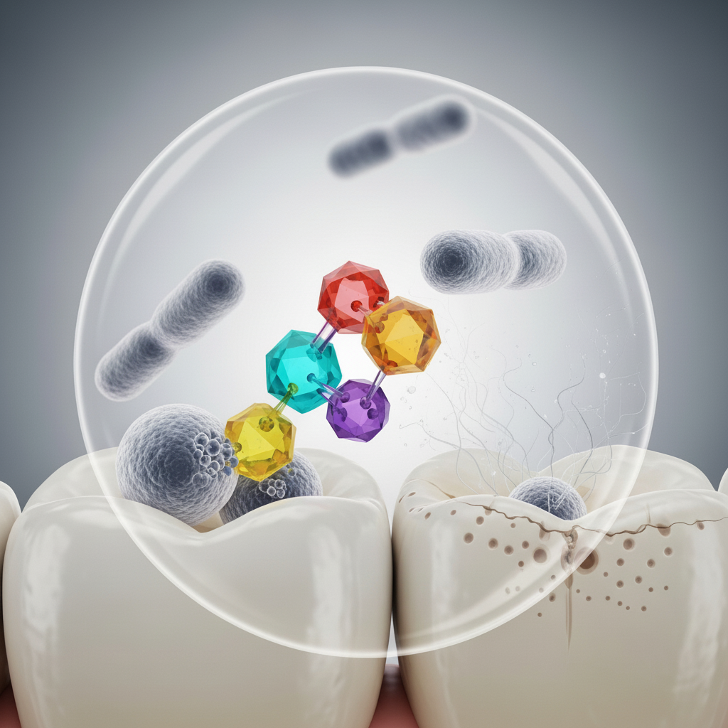 How Sugar Affects Your Teeth: Microscopic view of bacteria converting sugar into acid, corroding tooth enamel.
