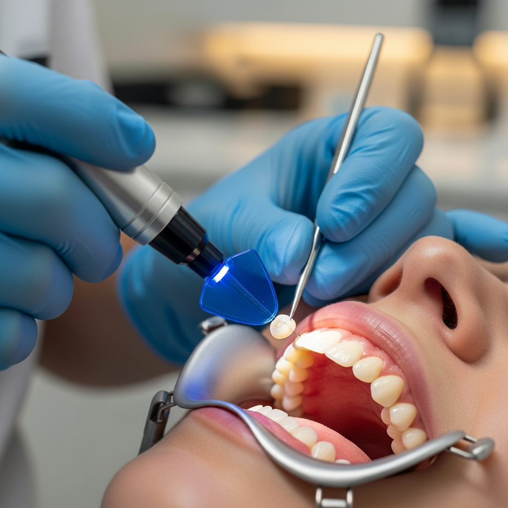 Getting Veneers, a dentist carefully bonds a porcelain restoration onto a patient's front tooth.