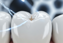 A photorealistic, ultra-detailed macro close-up of a human molar tooth, displaying faint, chalky white spots on its clean enamel surface, indicative of early demineralization. The background is a softly blurred, abstract, and sterile scientific environment with cool, subtle lighting. The image conveys a clean, educational, and scientific aesthetic without any text.