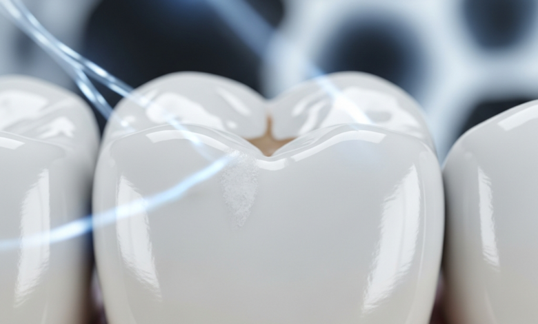 A photorealistic, ultra-detailed macro close-up of a human molar tooth, displaying faint, chalky white spots on its clean enamel surface, indicative of early demineralization. The background is a softly blurred, abstract, and sterile scientific environment with cool, subtle lighting. The image conveys a clean, educational, and scientific aesthetic without any text.