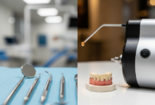 A split image contrasting two dental care concepts. On the left, representing NHS, simple, essential dental tools like a mirror and probe are on a light blue surface with a blurred functional clinic background. On the right, representing private care, advanced tools like a digital scanner and a ceramic crown are on a pristine white surface with a blurred modern clinic background. The image is photorealistic with no visible text.