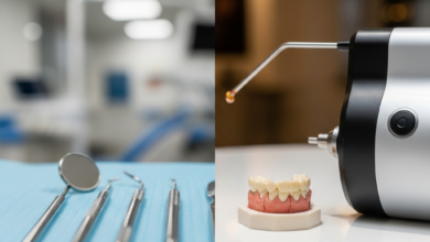 A split image contrasting two dental care concepts. On the left, representing NHS, simple, essential dental tools like a mirror and probe are on a light blue surface with a blurred functional clinic background. On the right, representing private care, advanced tools like a digital scanner and a ceramic crown are on a pristine white surface with a blurred modern clinic background. The image is photorealistic with no visible text.