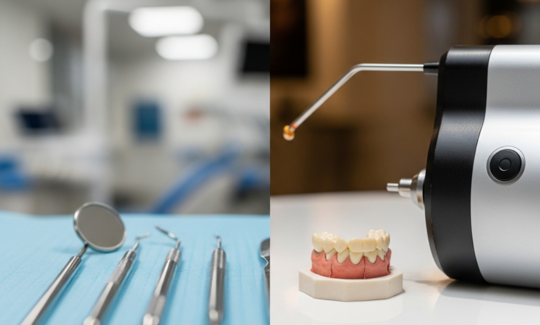 A split image contrasting two dental care concepts. On the left, representing NHS, simple, essential dental tools like a mirror and probe are on a light blue surface with a blurred functional clinic background. On the right, representing private care, advanced tools like a digital scanner and a ceramic crown are on a pristine white surface with a blurred modern clinic background. The image is photorealistic with no visible text.