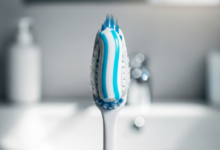 A photorealistic close-up of a soft-bristled toothbrush with a stripe of specialized white and blue sensitive toothpaste, against a softly blurred background of a clean bathroom counter.