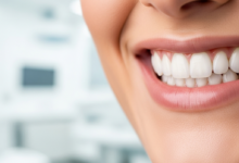 Close-up of a person smiling broadly, revealing perfect, bright white, natural-looking teeth, suggesting the results of dental veneers. The background is a soft, blurred image of a clean, modern dental office.