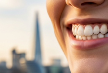 Close-up of a person with a bright, perfectly aligned, natural-looking smile, conveying confidence. The background is a softly blurred, out-of-focus urban landscape suggestive of the UK.