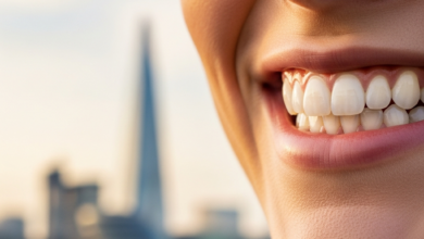 Close-up of a person with a bright, perfectly aligned, natural-looking smile, conveying confidence. The background is a softly blurred, out-of-focus urban landscape suggestive of the UK.