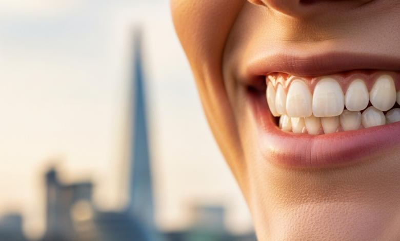 Close-up of a person with a bright, perfectly aligned, natural-looking smile, conveying confidence. The background is a softly blurred, out-of-focus urban landscape suggestive of the UK.