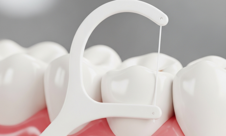 Close-up macro shot of healthy teeth and pink gums with a white dental floss strand gently positioned in the interdental space, demonstrating effective oral hygiene. The background is softly blurred.