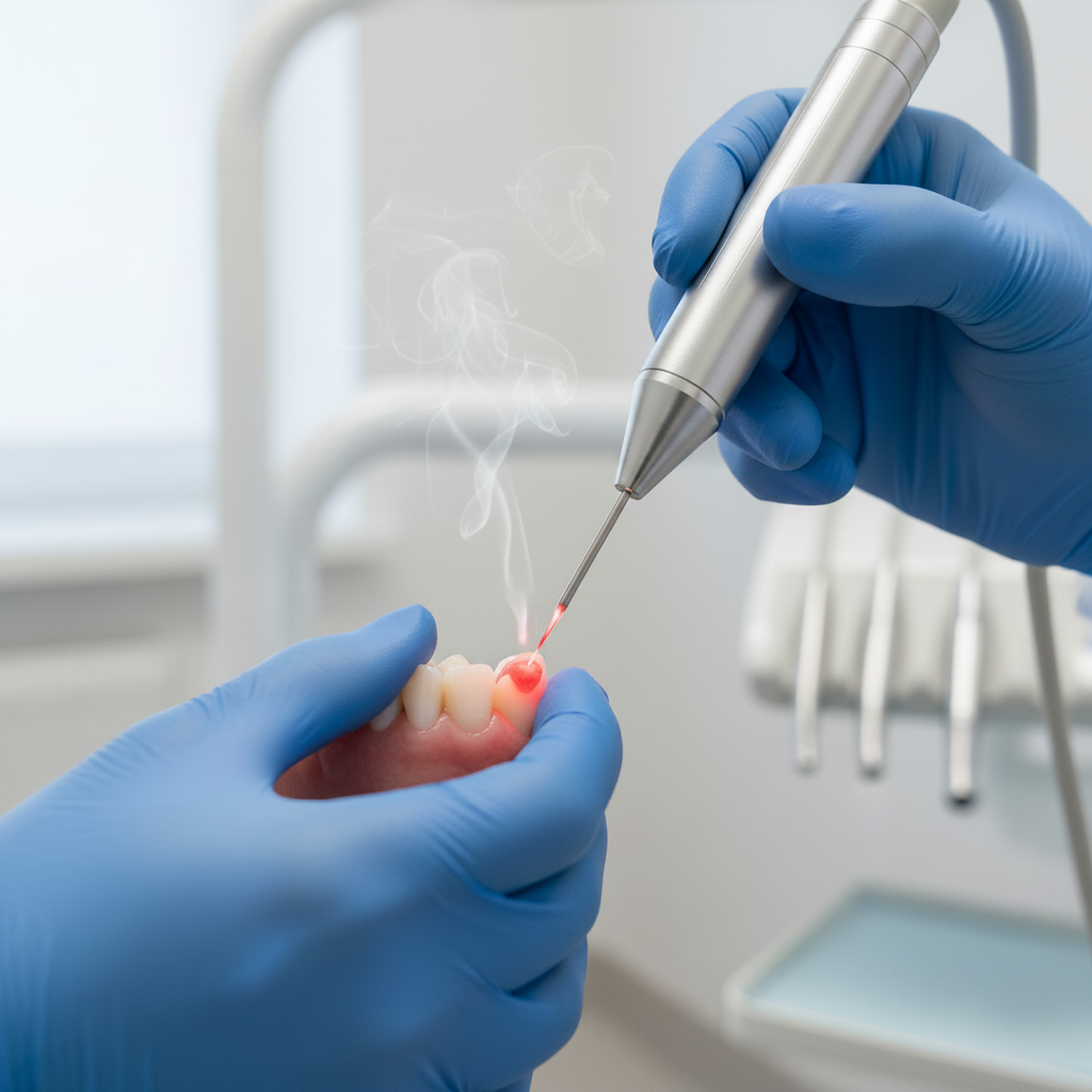 Laser gum contouring treatment in progress Gum Contouring Cost UK: A skilled dentist performing precise laser gum reshaping to enhance smile aesthetics.