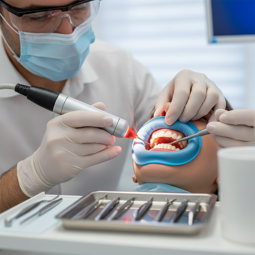 Precise laser gum reshaping in a clinic Gum Contouring Cost UK: A skilled dentist precisely reshaping gum tissue with advanced laser technology