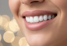 Close-up, photorealistic image of a person's radiant and healthy smile, featuring perfectly aligned, natural-looking teeth. The background is softly blurred.