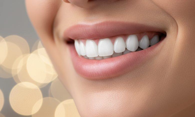 Close-up, photorealistic image of a person's radiant and healthy smile, featuring perfectly aligned, natural-looking teeth. The background is softly blurred.