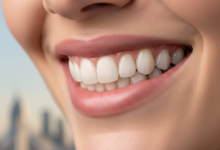 Close-up of a beautiful, confident smile with perfectly white and aligned teeth, with a very blurred, bokeh background of a modern UK city skyline.