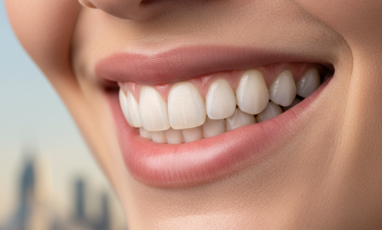 Close-up of a beautiful, confident smile with perfectly white and aligned teeth, with a very blurred, bokeh background of a modern UK city skyline.
