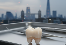 A gleaming, photorealistic dental crown resting on a clean, sterile dental surface, with a softly blurred UK city skyline in the background, symbolizing dental care in the United Kingdom.