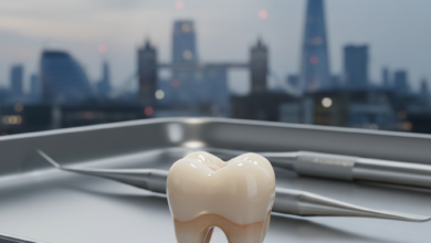 A gleaming, photorealistic dental crown resting on a clean, sterile dental surface, with a softly blurred UK city skyline in the background, symbolizing dental care in the United Kingdom.