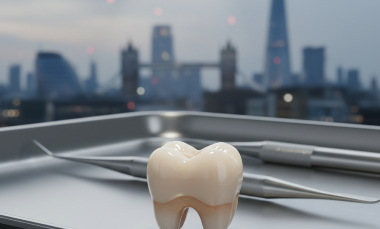 A gleaming, photorealistic dental crown resting on a clean, sterile dental surface, with a softly blurred UK city skyline in the background, symbolizing dental care in the United Kingdom.