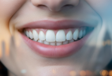 Close-up of a person's healthy, confident smile with bright, clean teeth. The background is a highly blurred, out-of-focus city skyline with subtle lights, suggestive of London at twilight.