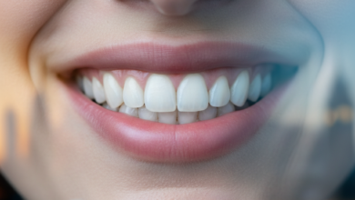 Close-up of a person's healthy, confident smile with bright, clean teeth. The background is a highly blurred, out-of-focus city skyline with subtle lights, suggestive of London at twilight.