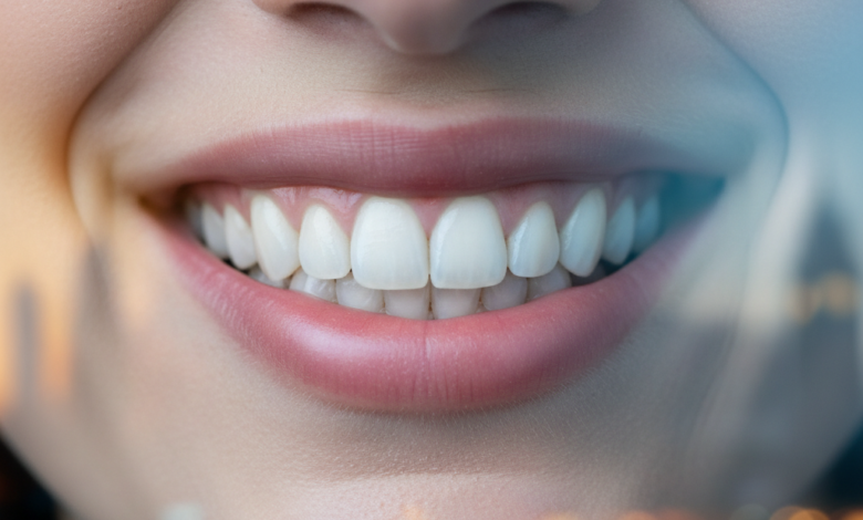 Close-up of a person's healthy, confident smile with bright, clean teeth. The background is a highly blurred, out-of-focus city skyline with subtle lights, suggestive of London at twilight.