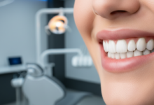 Close-up of a perfect, radiant smile with bright white, perfectly aligned teeth, representing successful full mouth dental implants. The background is a soft, out-of-focus modern dental clinic setting, conveying cleanliness and advanced care.