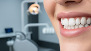 Close-up of a perfect, radiant smile with bright white, perfectly aligned teeth, representing successful full mouth dental implants. The background is a soft, out-of-focus modern dental clinic setting, conveying cleanliness and advanced care.