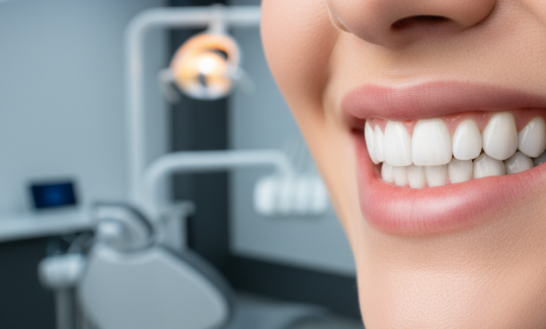 Close-up of a perfect, radiant smile with bright white, perfectly aligned teeth, representing successful full mouth dental implants. The background is a soft, out-of-focus modern dental clinic setting, conveying cleanliness and advanced care.
