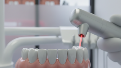 Close-up of a perfectly contoured gum line and healthy white teeth, with a blurred modern laser dental tool and indistinct UK city background, representing advanced cosmetic dentistry.