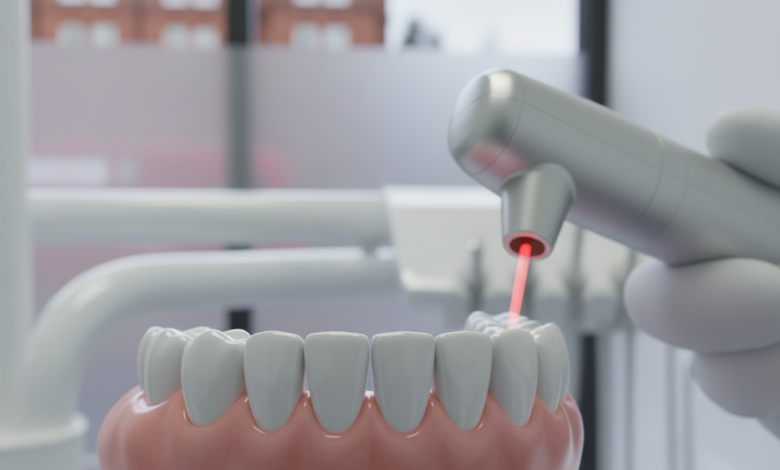 Close-up of a perfectly contoured gum line and healthy white teeth, with a blurred modern laser dental tool and indistinct UK city background, representing advanced cosmetic dentistry.