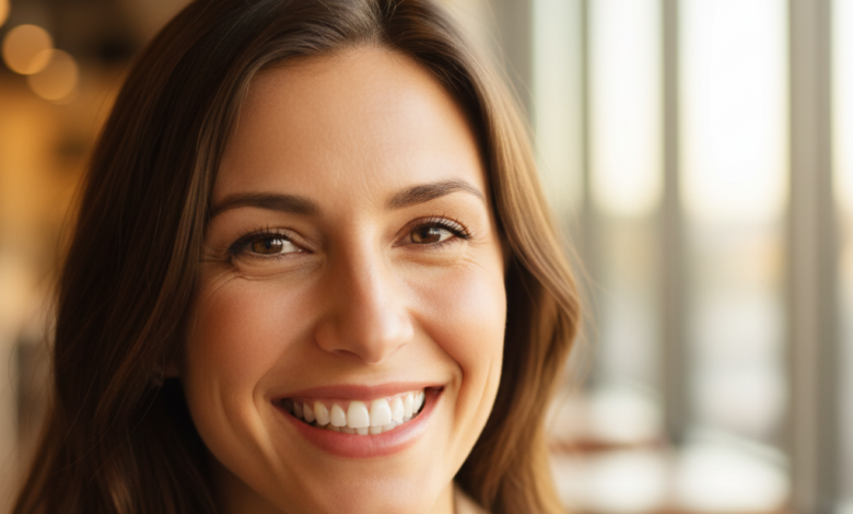 Medium close-up of a person with a radiant, confident smile, displaying bright, healthy teeth against a softly blurred, bright background. The image evokes a sense of happiness and self-assurance.