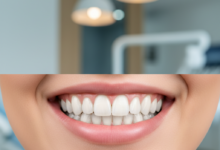 Close-up of a bright, confident smile with perfectly aligned white teeth, set against a subtly blurred background of a modern dental clinic, representing the transformational effect of veneers in the UK.