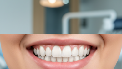 Close-up of a bright, confident smile with perfectly aligned white teeth, set against a subtly blurred background of a modern dental clinic, representing the transformational effect of veneers in the UK.