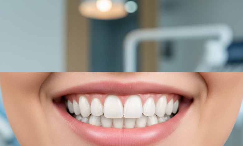 Close-up of a bright, confident smile with perfectly aligned white teeth, set against a subtly blurred background of a modern dental clinic, representing the transformational effect of veneers in the UK.