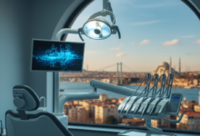 A close-up view of a modern, sterile dental clinic with high-tech equipment in the foreground. Through a window, the blurred but recognizable skyline of a major Turkish city, featuring prominent mosques and bridges, is visible in the background.