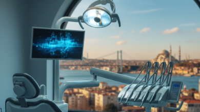 A close-up view of a modern, sterile dental clinic with high-tech equipment in the foreground. Through a window, the blurred but recognizable skyline of a major Turkish city, featuring prominent mosques and bridges, is visible in the background.