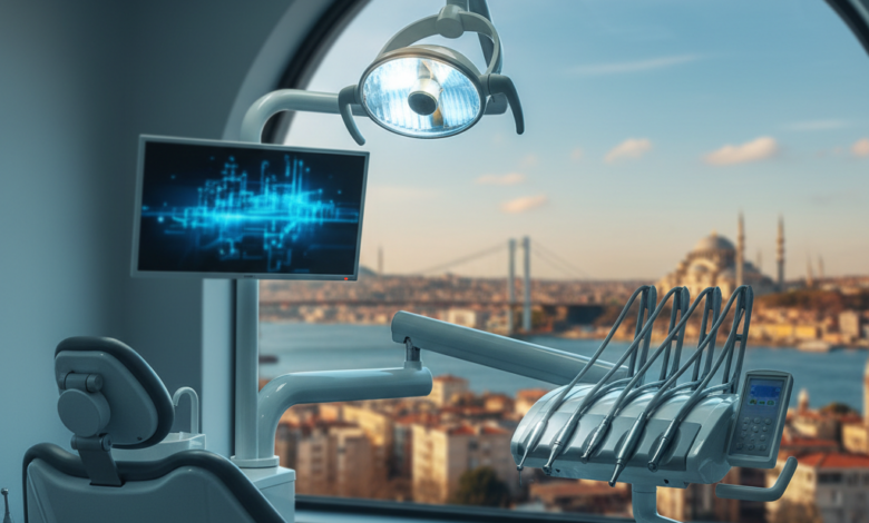 A close-up view of a modern, sterile dental clinic with high-tech equipment in the foreground. Through a window, the blurred but recognizable skyline of a major Turkish city, featuring prominent mosques and bridges, is visible in the background.