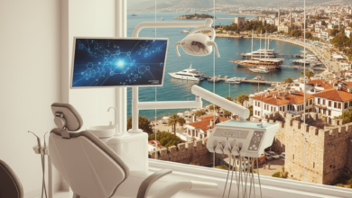 A modern, bright dental clinic interior with a contemporary dental chair and sleek equipment in the foreground. Through a large, soft-focus window in the background, a sunlit Turkish coastal city with traditional buildings and blue sea is visible under a clear sky. The image combines themes of dental care and travel.
