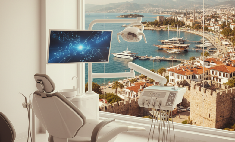 A modern, bright dental clinic interior with a contemporary dental chair and sleek equipment in the foreground. Through a large, soft-focus window in the background, a sunlit Turkish coastal city with traditional buildings and blue sea is visible under a clear sky. The image combines themes of dental care and travel.