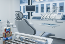 A detailed, close-up view of sterile dental instruments and a tooth model on a tray in a modern UK dental clinic, with a blurred urban background.