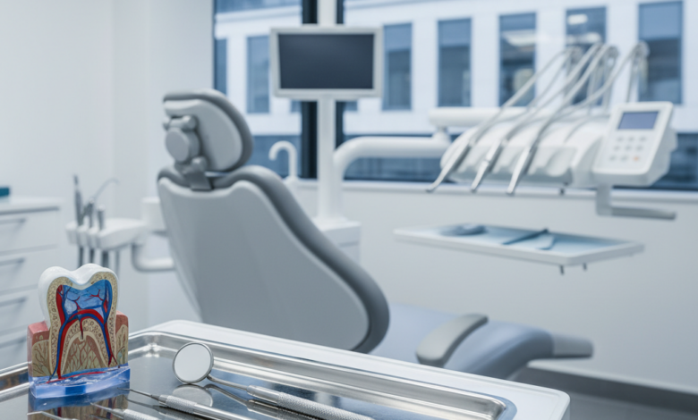 A detailed, close-up view of sterile dental instruments and a tooth model on a tray in a modern UK dental clinic, with a blurred urban background.