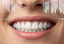 Close-up of a person's bright, healthy, and natural-looking smile, conveying confidence. The background is a very softly blurred image of a modern, clean interior, with an indistinct UK city skyline visible through an out-of-focus window.