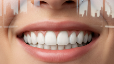 Close-up of a person's bright, healthy, and natural-looking smile, conveying confidence. The background is a very softly blurred image of a modern, clean interior, with an indistinct UK city skyline visible through an out-of-focus window.