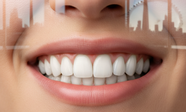 Close-up of a person's bright, healthy, and natural-looking smile, conveying confidence. The background is a very softly blurred image of a modern, clean interior, with an indistinct UK city skyline visible through an out-of-focus window.