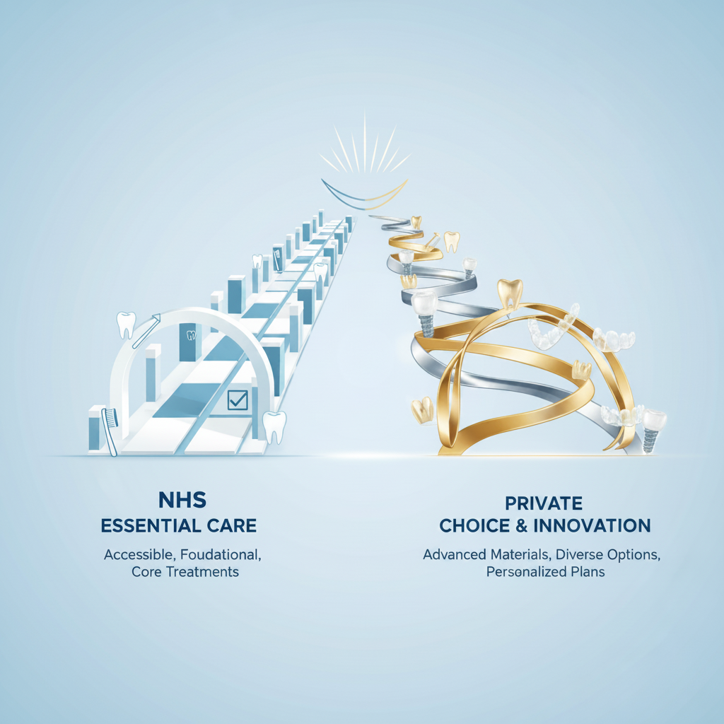 Comparing NHS and Private Dental Systems NHS vs Private Dentist UK: Visualizing the distinct pathways of essential versus advanced dental care options.