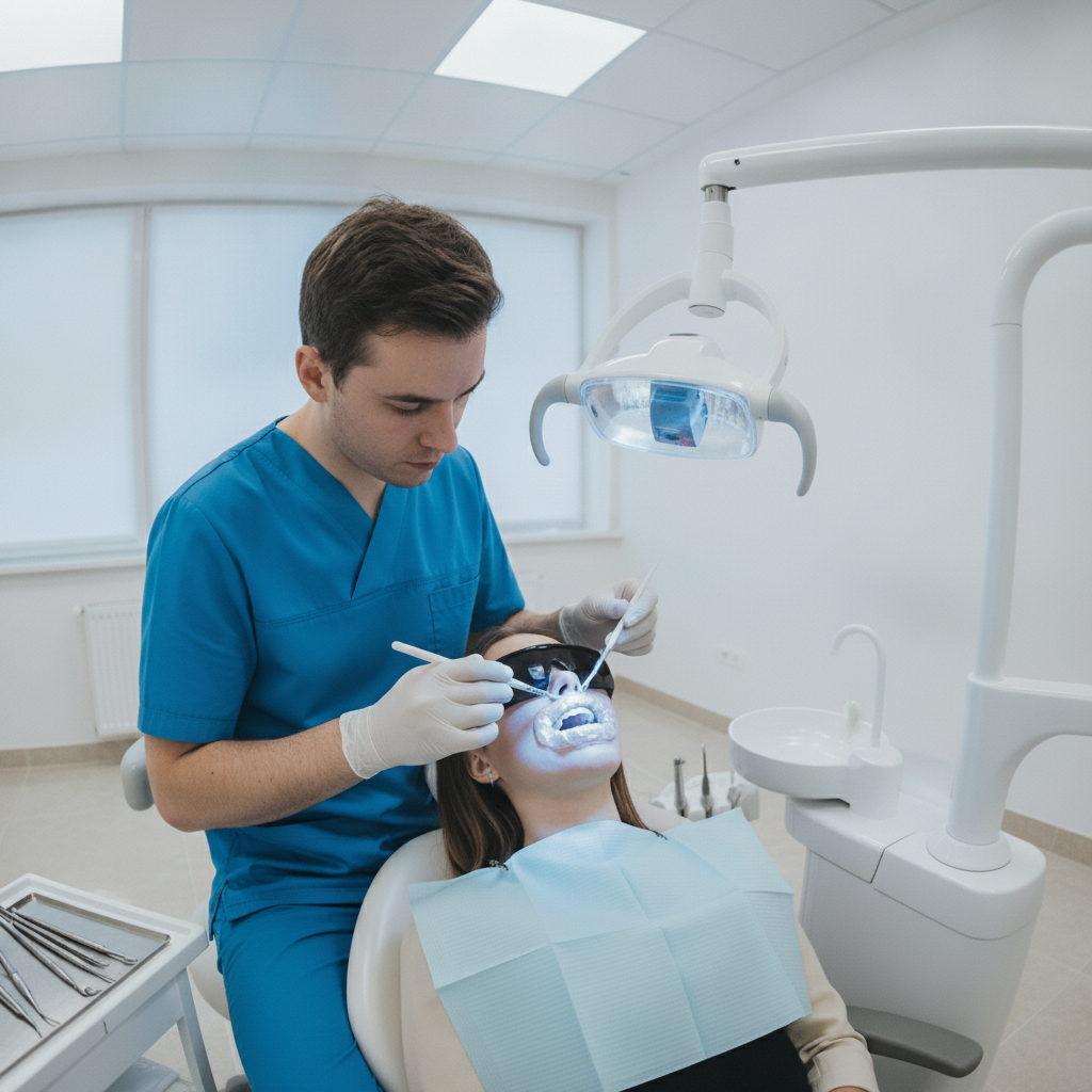 Teeth Whitening UK: A professional dentist applying whitening gel and activating light in a clinic