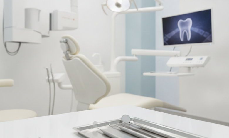 A clean, brightly lit modern dental examination room with a white dental chair, an overhead operating light, and blurred dental instruments on a tray in the foreground. Advanced, sleek dental equipment is visible in the background, conveying a sense of high quality and professionalism.