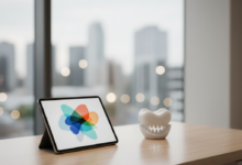 A minimalist, modern dental office desk featuring a sleek tablet displaying unreadable abstract financial graphs and a clean white dental model, against a very blurred, out-of-focus urban UK cityscape.